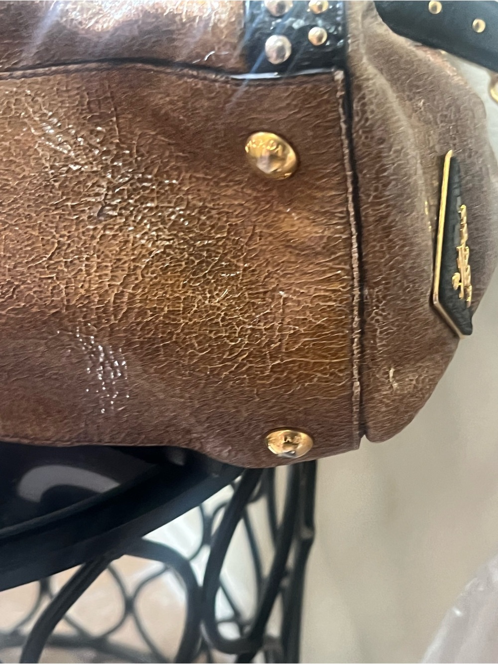 Authentic Prada Stud-Trim Brown Leather Tote Bag - Picture 11 of 15